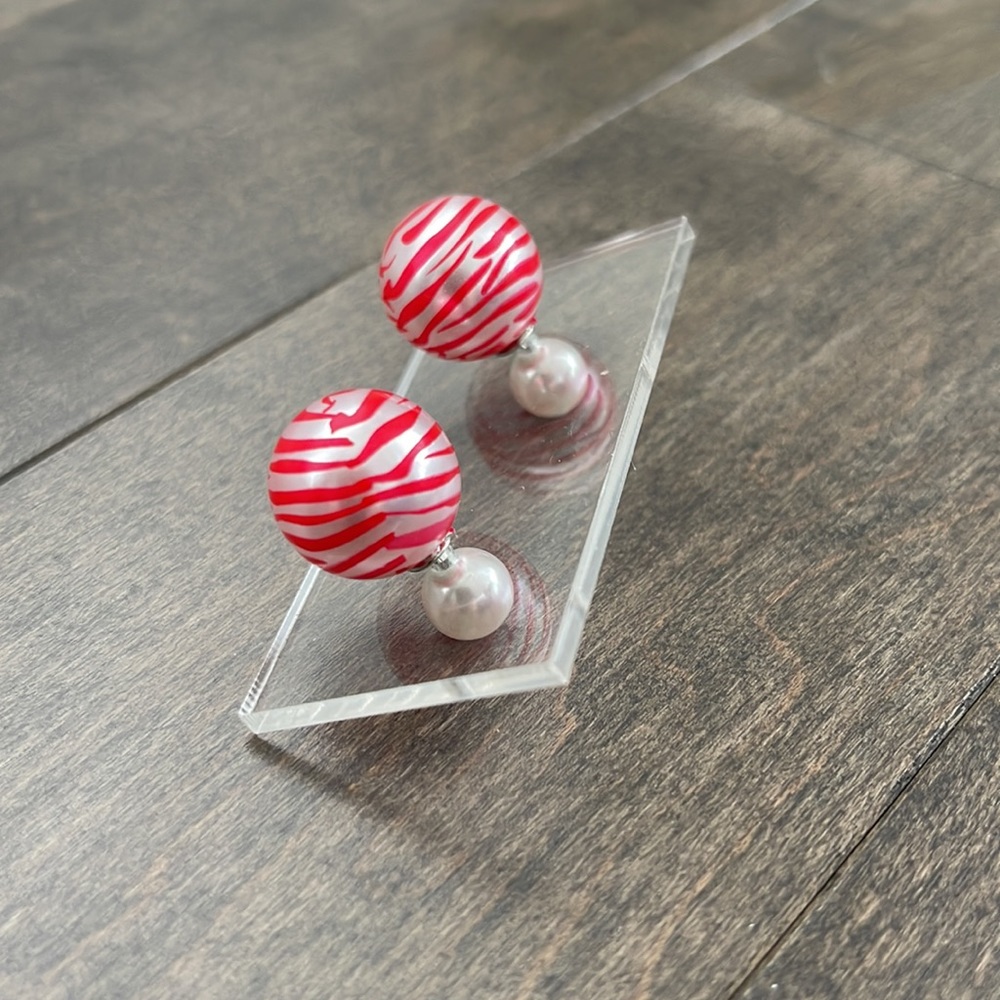 PARK AND BUZZ Double Back Stud Earrings, Hot Pink White Animal Stripe, Jewellery